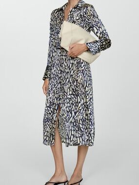 Mango Navy and Cream Long-Sleeve Printed Shirt Dress